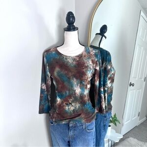 Nycard Vintage 90s brown/blue tye dye paisley mid sleeve top